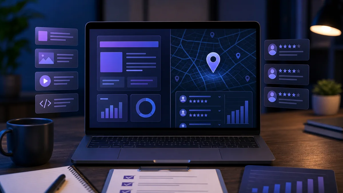 Feature image for On-Page SEO vs Local SEO: a topic-specific business marketing scene with relevant website, analytics, planning, and trust visuals.