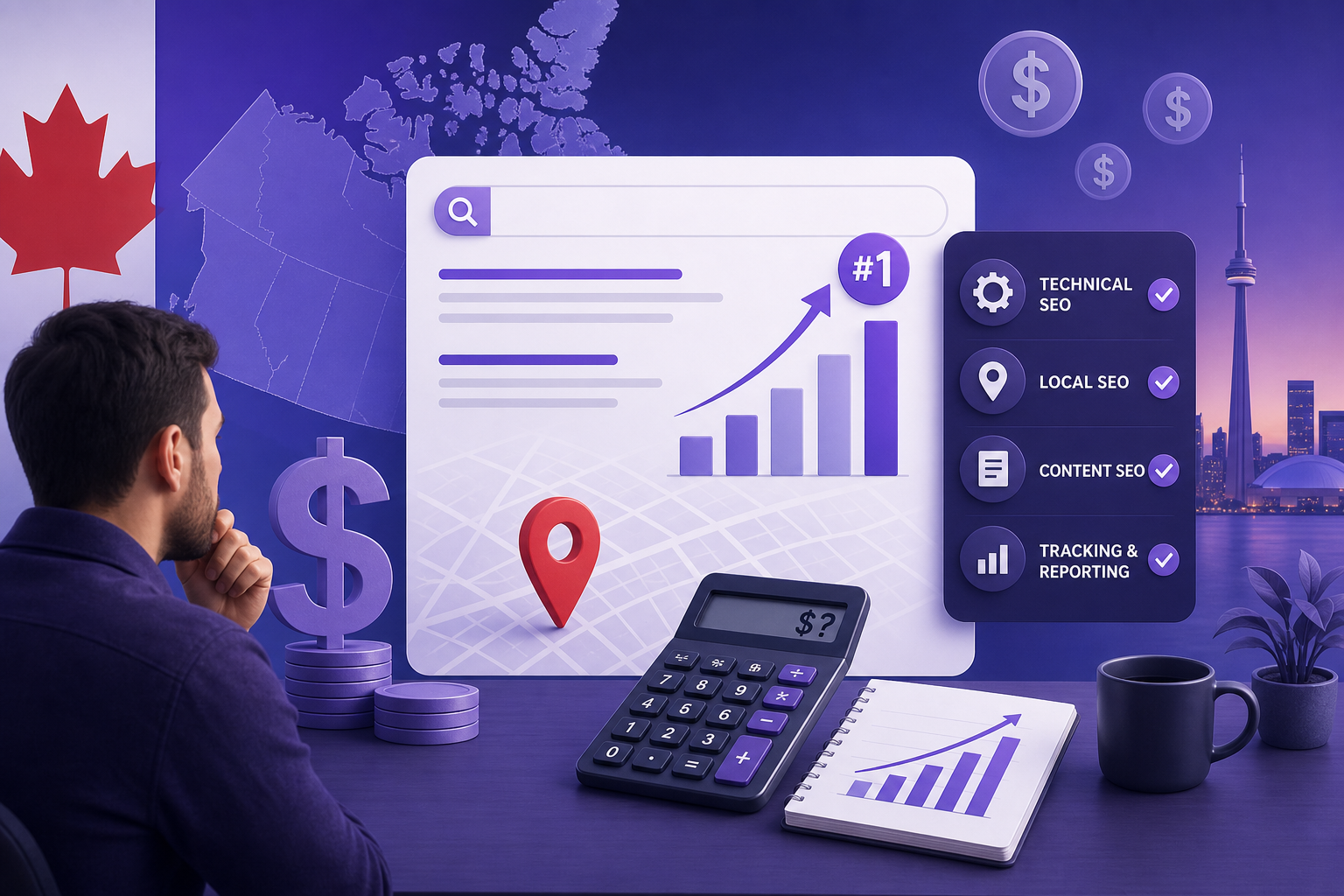 SEO cost in Canada with local SEO pricing, technical SEO, content, and tracking checklist