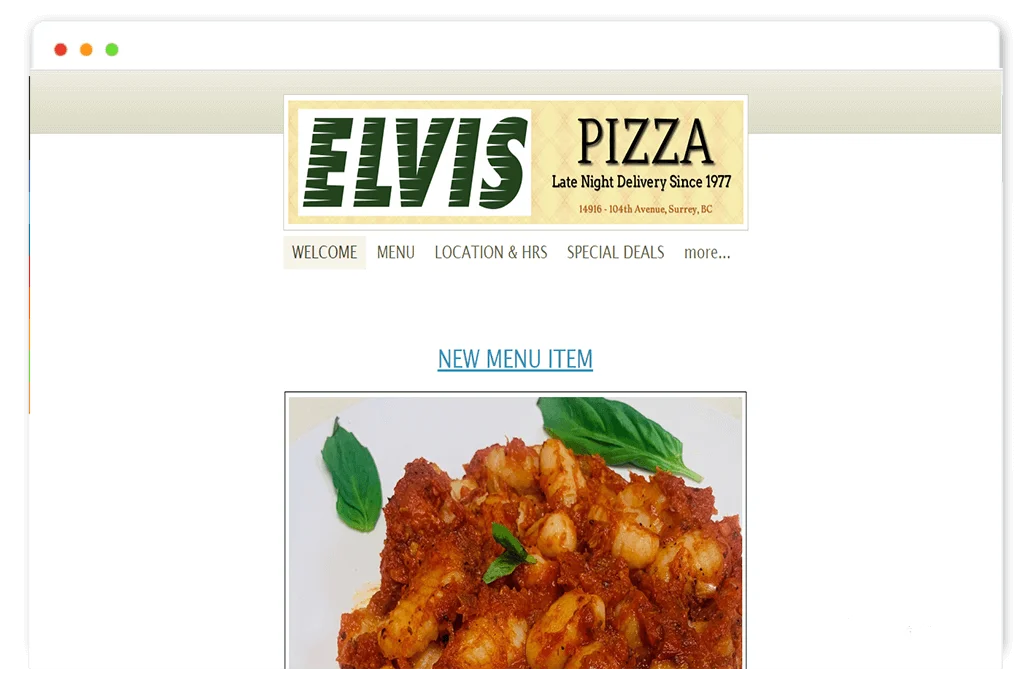 elvis pizza website Design and web Develop by saintcode Vancouver Canada